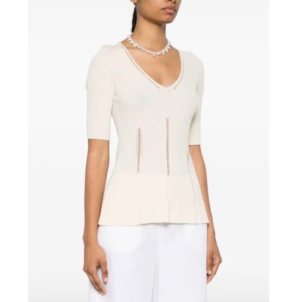 Twinset Milano Ribbed Peplum Top Women S Cream V-Neck Pointelle Made In Italy